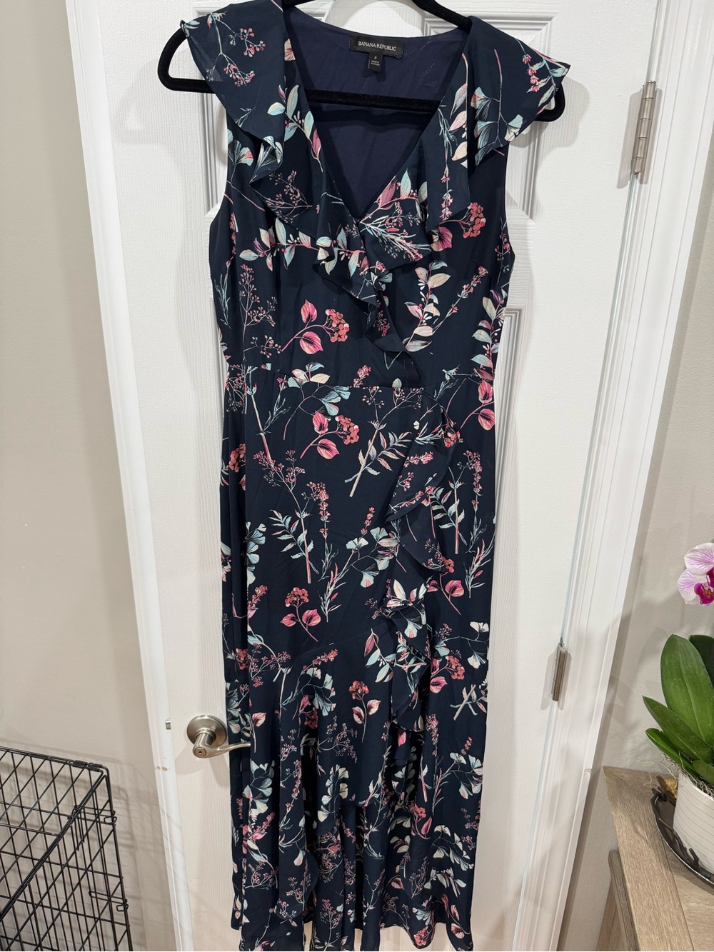 Banana Republic Navy Floral Ruffle Maxi Dress with Pink and Mint Accents
